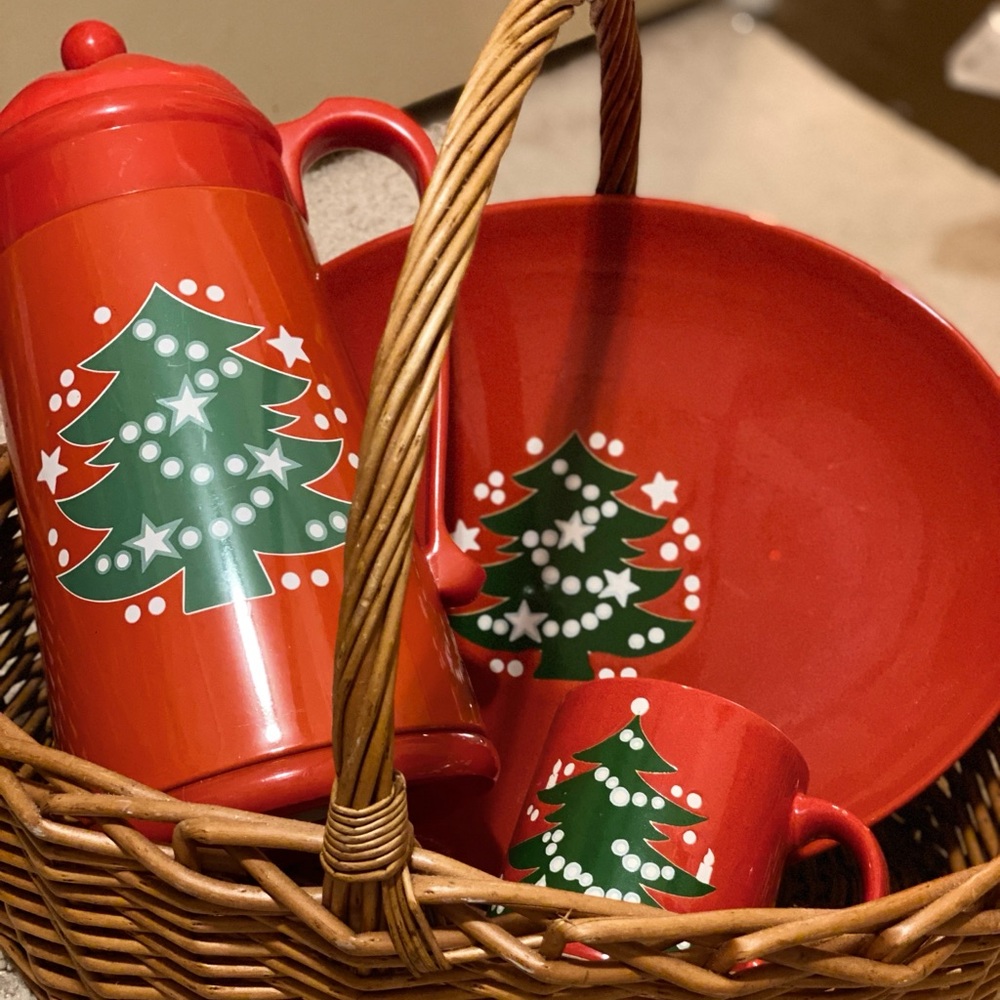 German Made Holiday Ceramic Dish + Mug + Thermo pitcher + Woven Basket